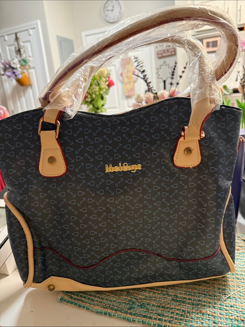 Navy Patterned Tote with Tan Trim and Gold Logo
